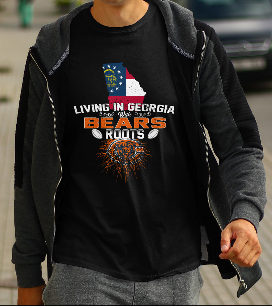 Living In Georgia With Chicago Bears Roots Flag Map Football T-Shirt