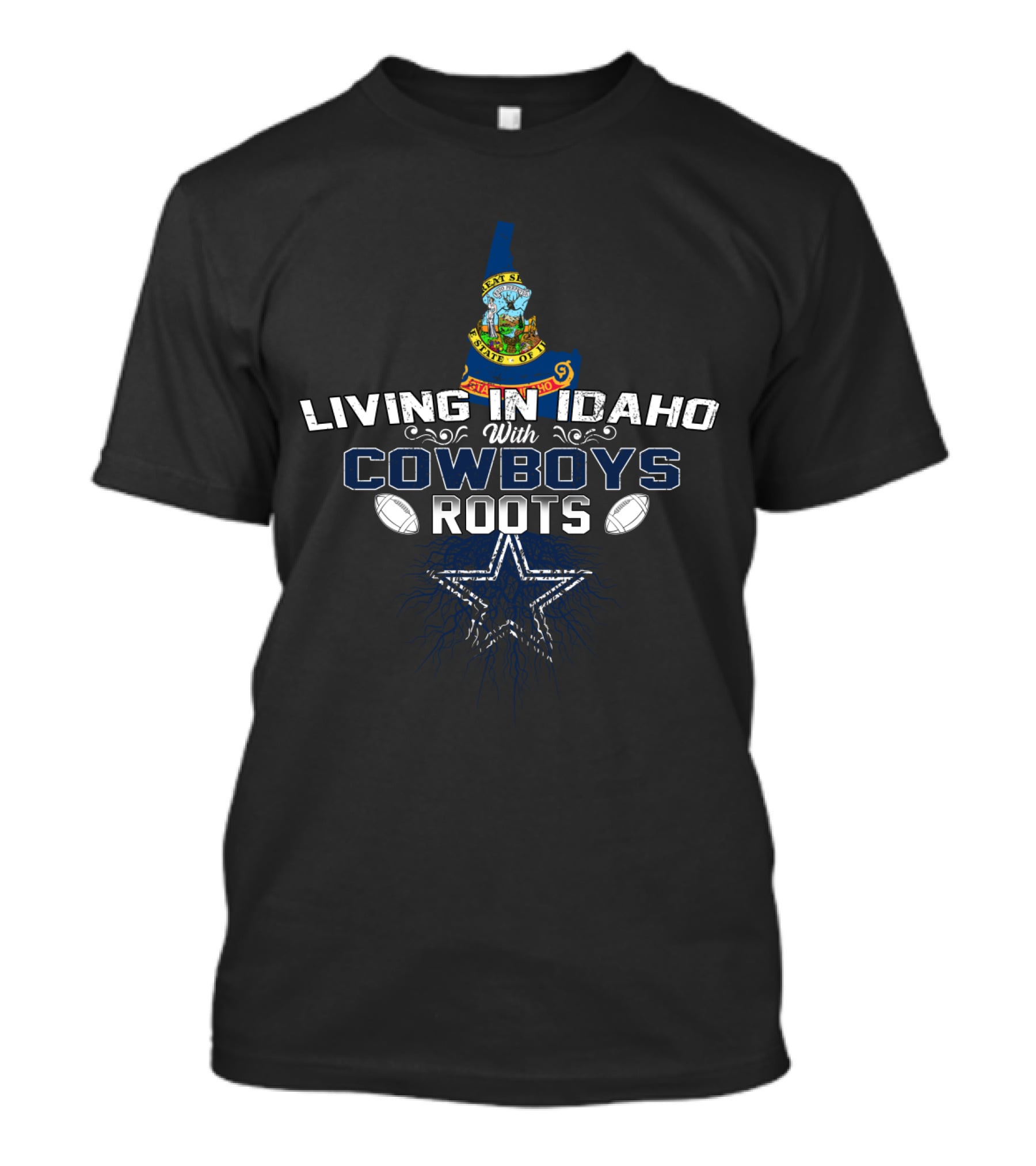 Living In Idaho With Cowboys Roots Emblem Football Star Map T-Shirt