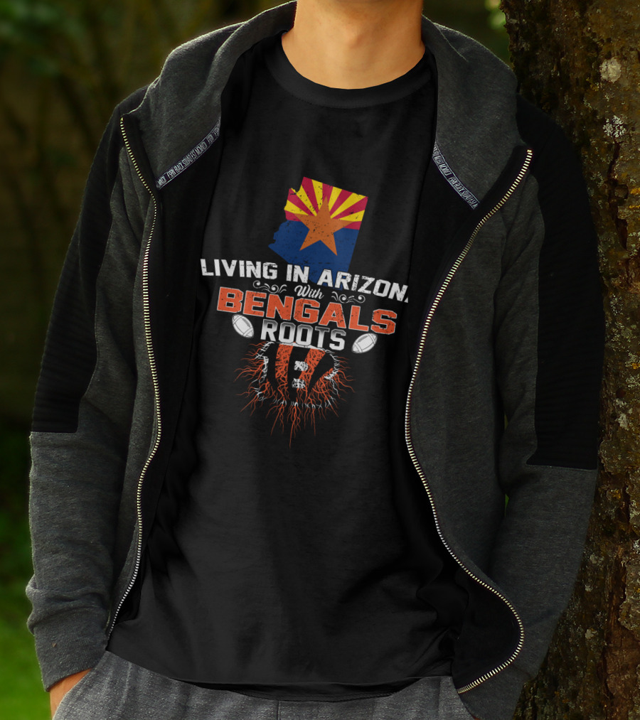 Living In Arizona With Bengals Roots Arizona Flag And Football Elements T-Shirt