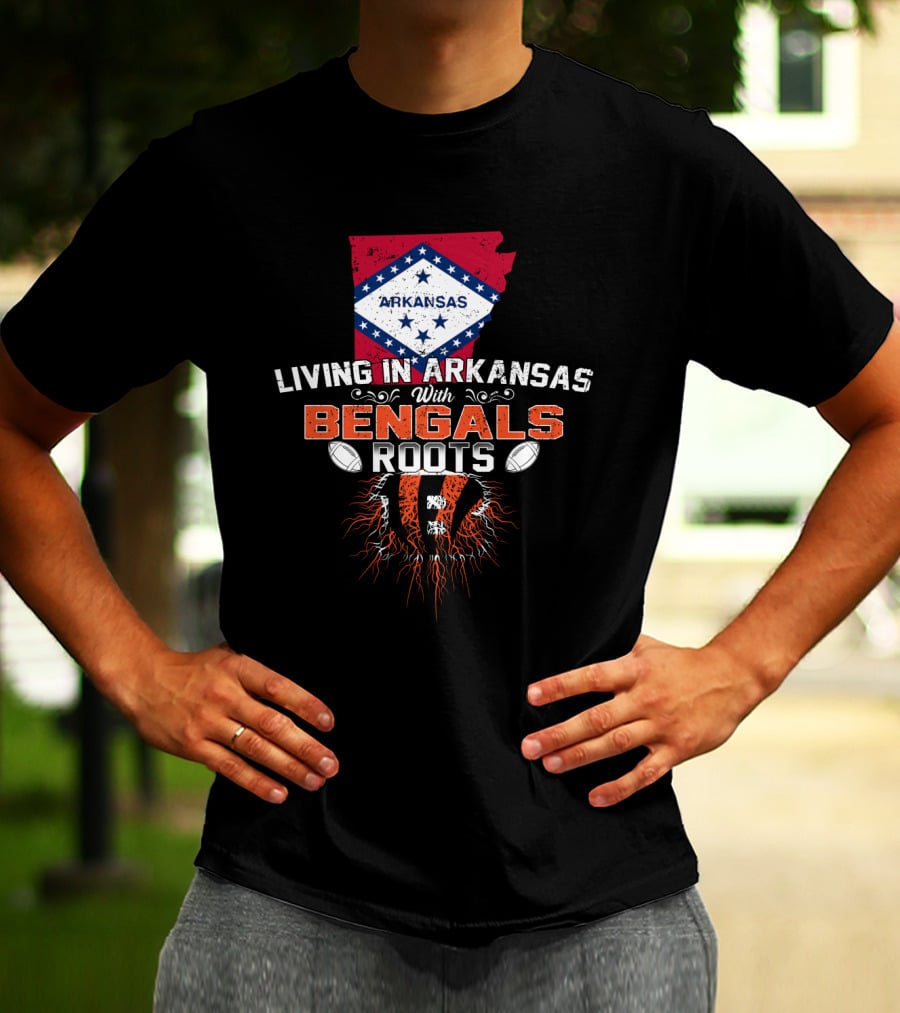 Living In Arkansas With Bengals Roots Football Graphic State Outline Flag T-Shirt