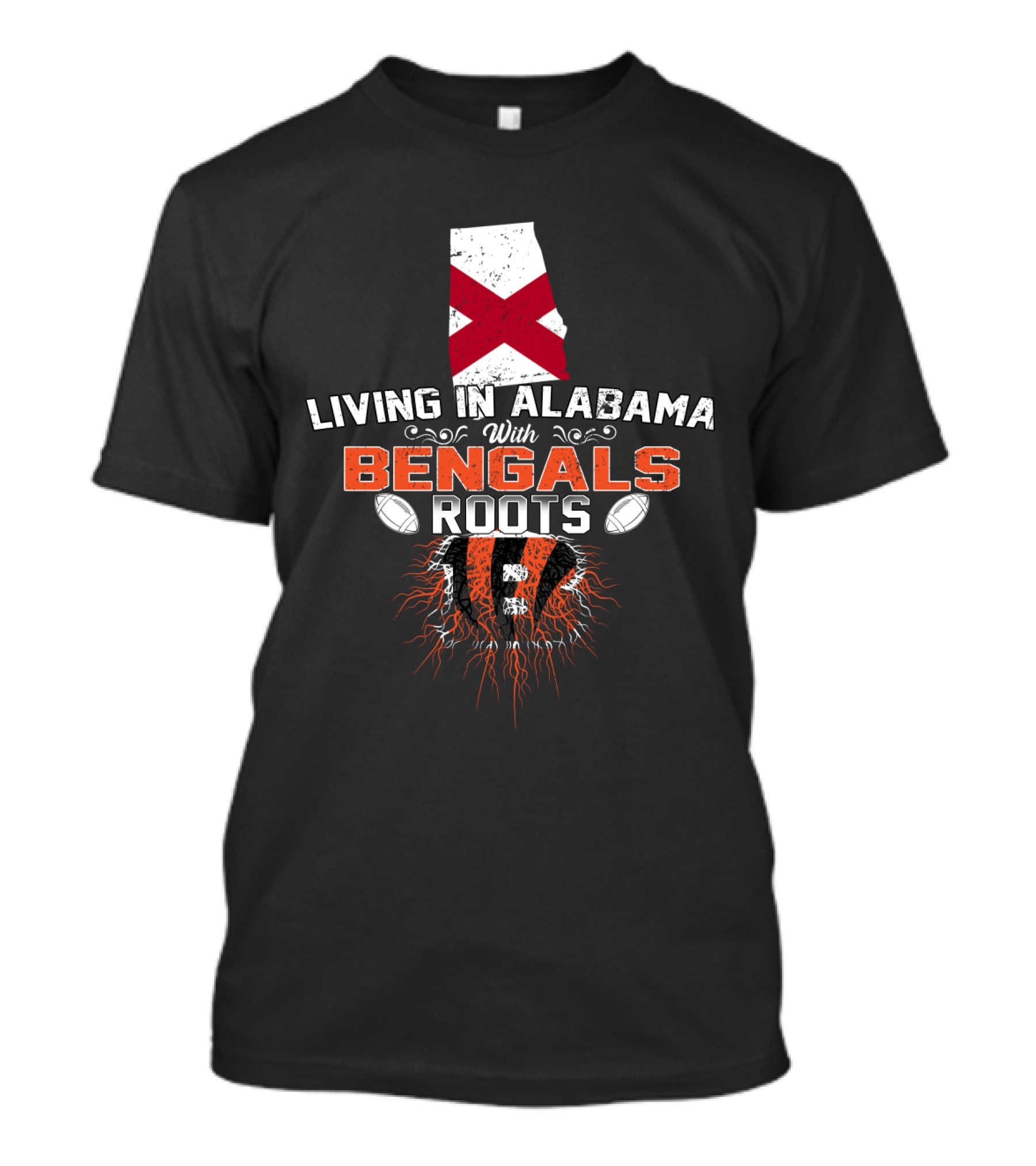 Living In Alabama With Bengals Roots Featuring Alabama State And Striped Tiger Football Elements T-Shirt