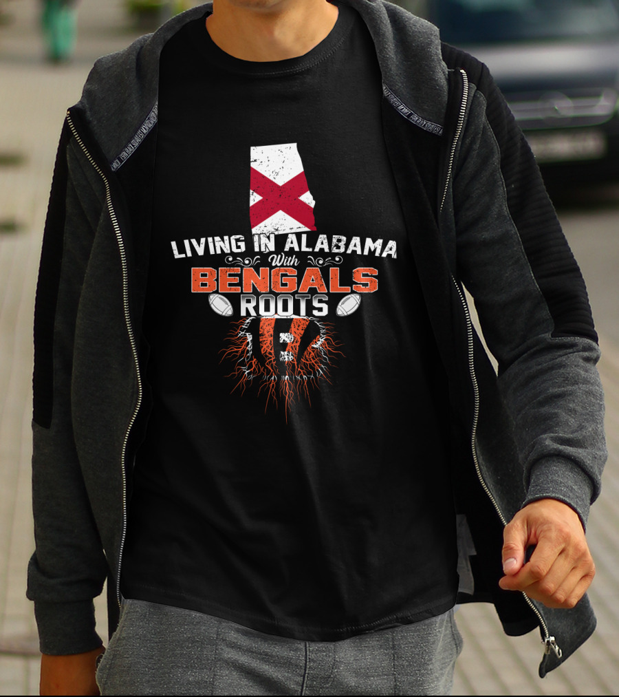 Living In Alabama With Bengals Roots Featuring Alabama State And Striped Tiger Football Elements T-Shirt
