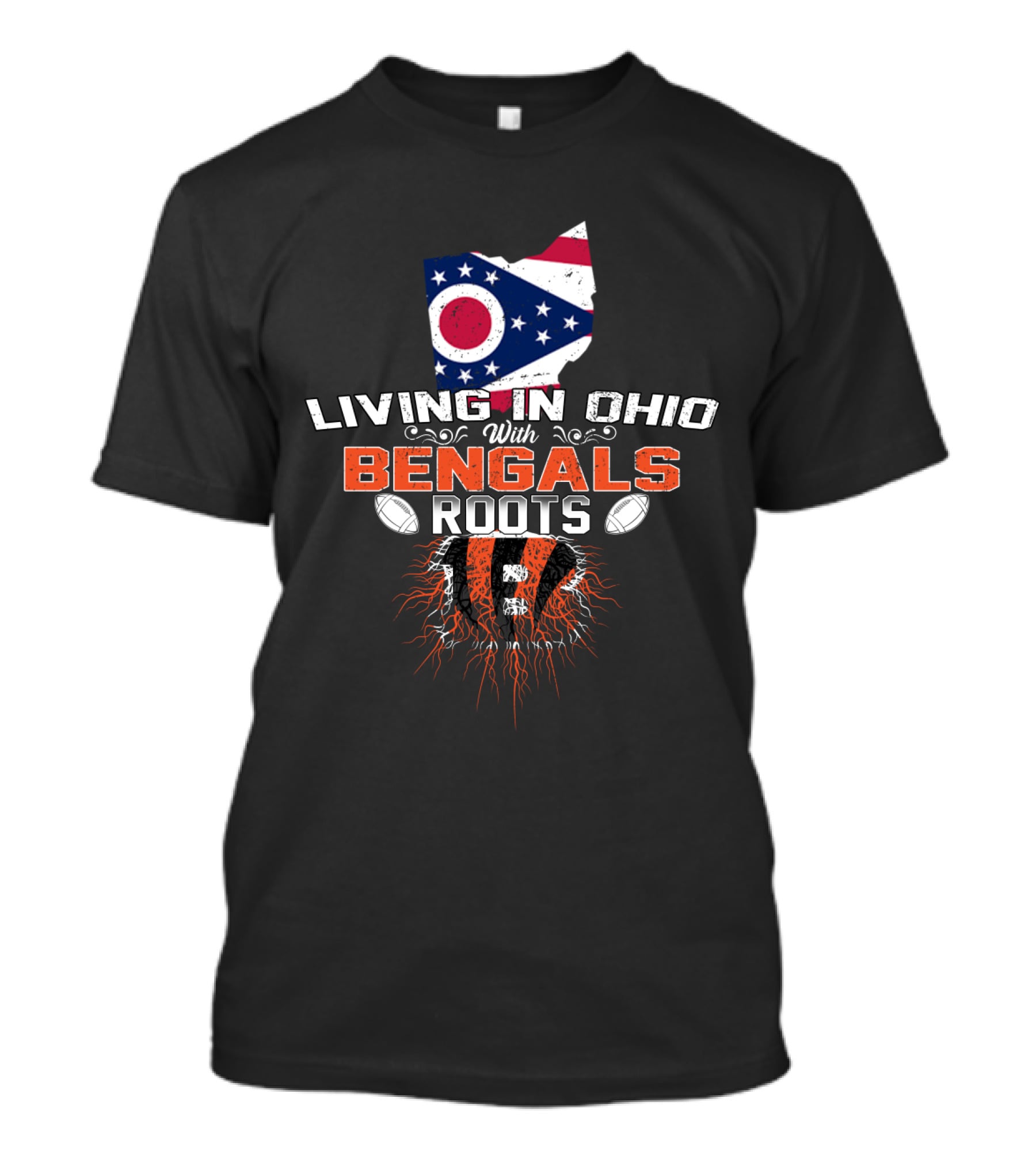 Living In Ohio With Bengals Roots Ohio Flag Tiger Stripes Football Elements T-Shirt