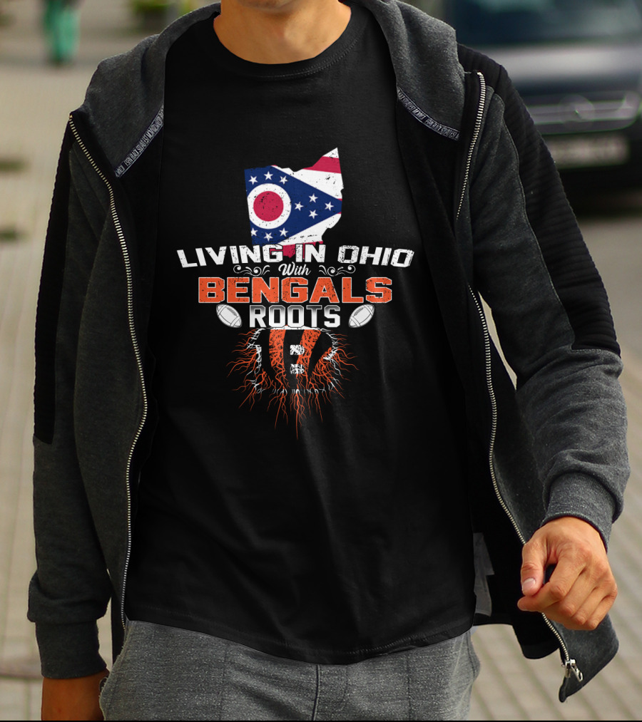 Living In Ohio With Bengals Roots Ohio Flag Tiger Stripes Football Elements T-Shirt