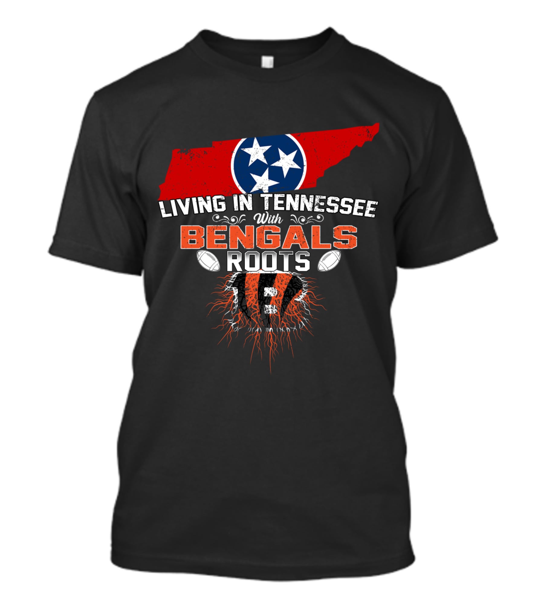 Living In Tennessee With Cincinnati Bengals Roots Football Fan Map T-Shirt