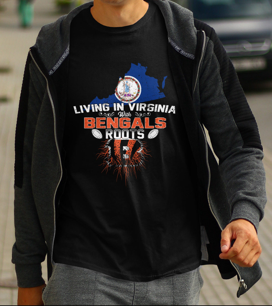 Living In Virginia With Bengals Roots Virginia Map And Football T-Shirt