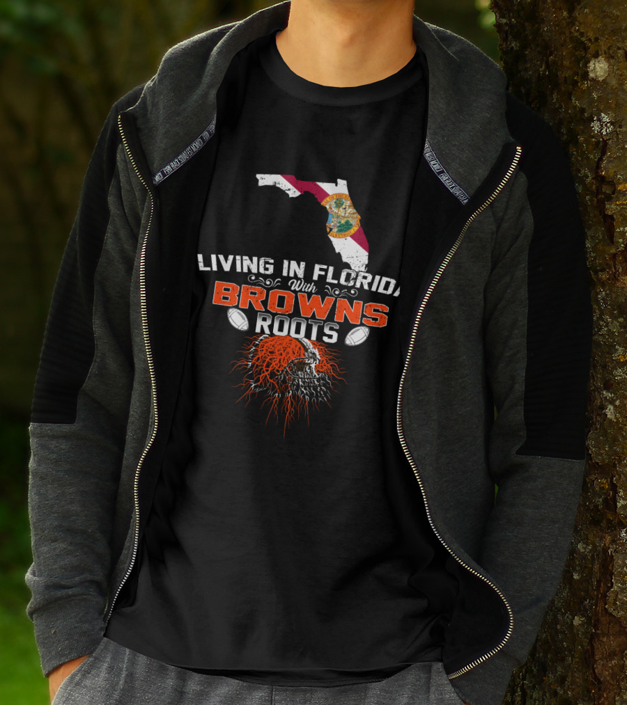 Living In Florida With Browns Roots Florida Flag Map And Football Skull Graphics T-Shirt
