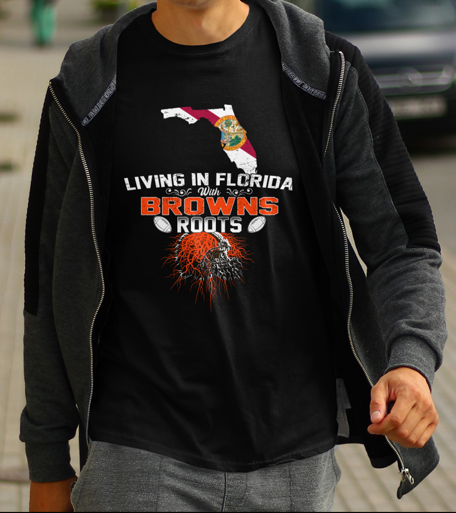 Living In Florida With Browns Roots Florida Flag Map And Football Skull Graphics T-Shirt