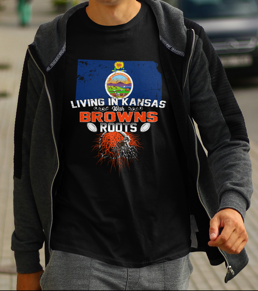 Living In Kansas With Browns Roots Kansas Map Football Helmet T-Shirt