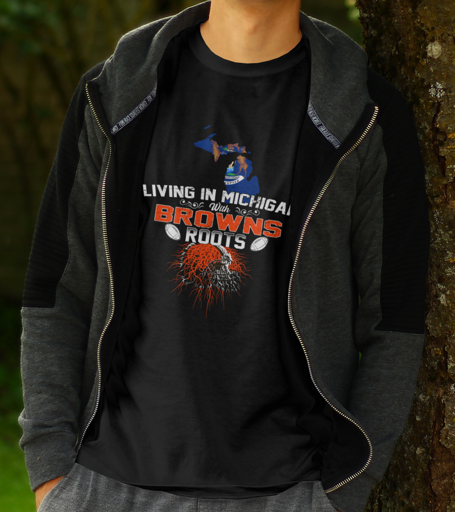 Living In Michigan With Browns Roots Football Helmet Map T-Shirt