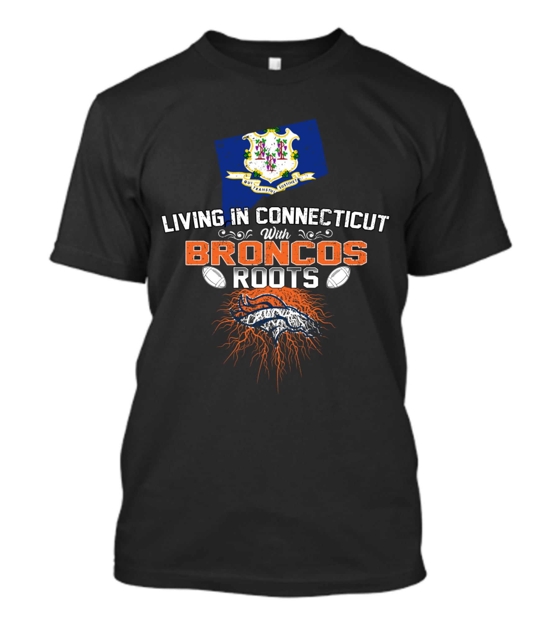 Living In Connecticut Proudly With Broncos Football Roots And State Flag Symbolism T-Shirt