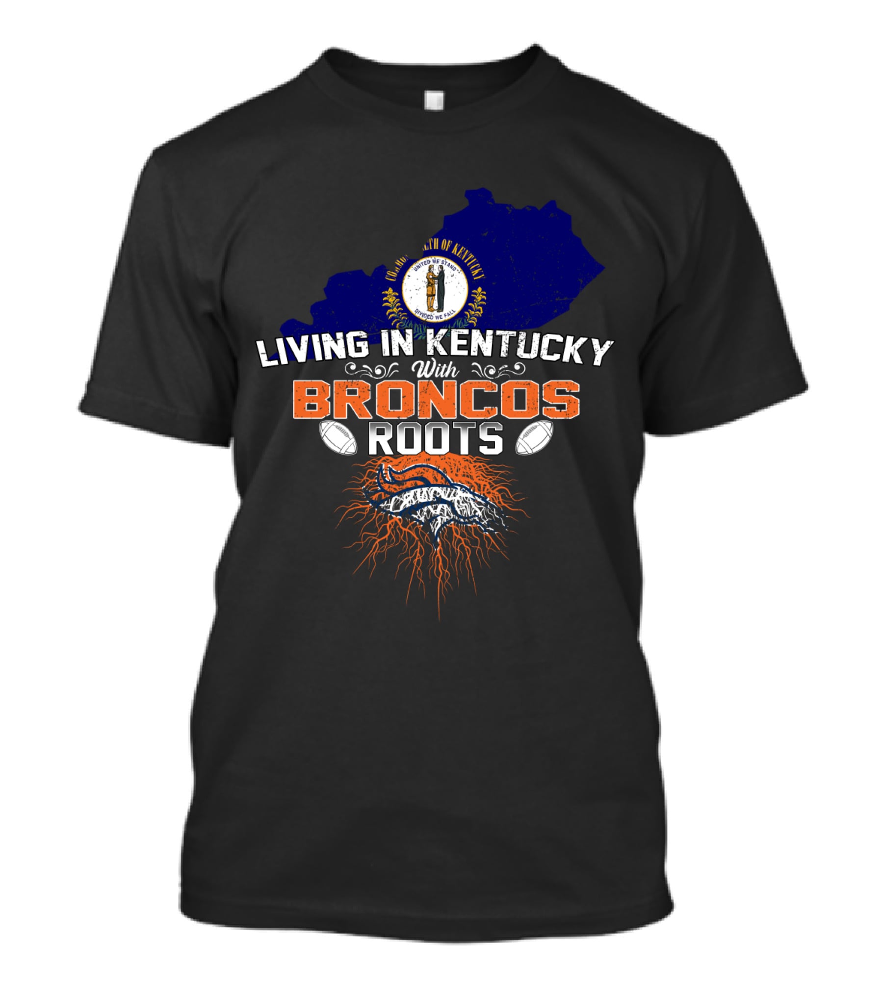 Living In Kentucky With Broncos Roots Denver Football Kentucky State Outline T-Shirt
