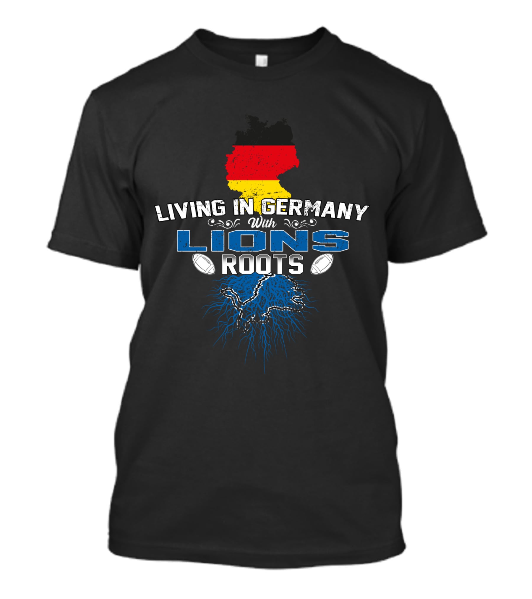 Living In Germany With Detroit Lions Roots And German Flag Map T-Shirt