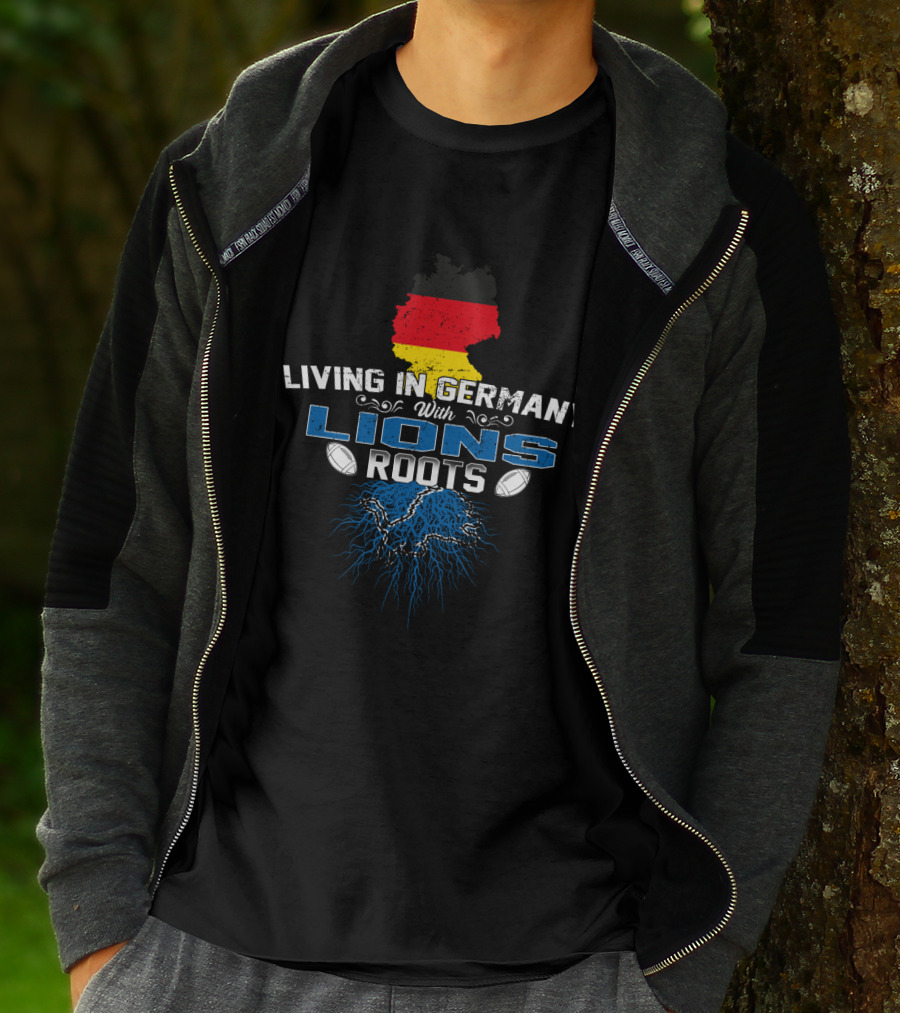 Living In Germany With Detroit Lions Roots And German Flag Map T-Shirt