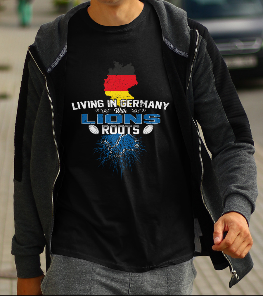 Living In Germany With Detroit Lions Roots And German Flag Map T-Shirt