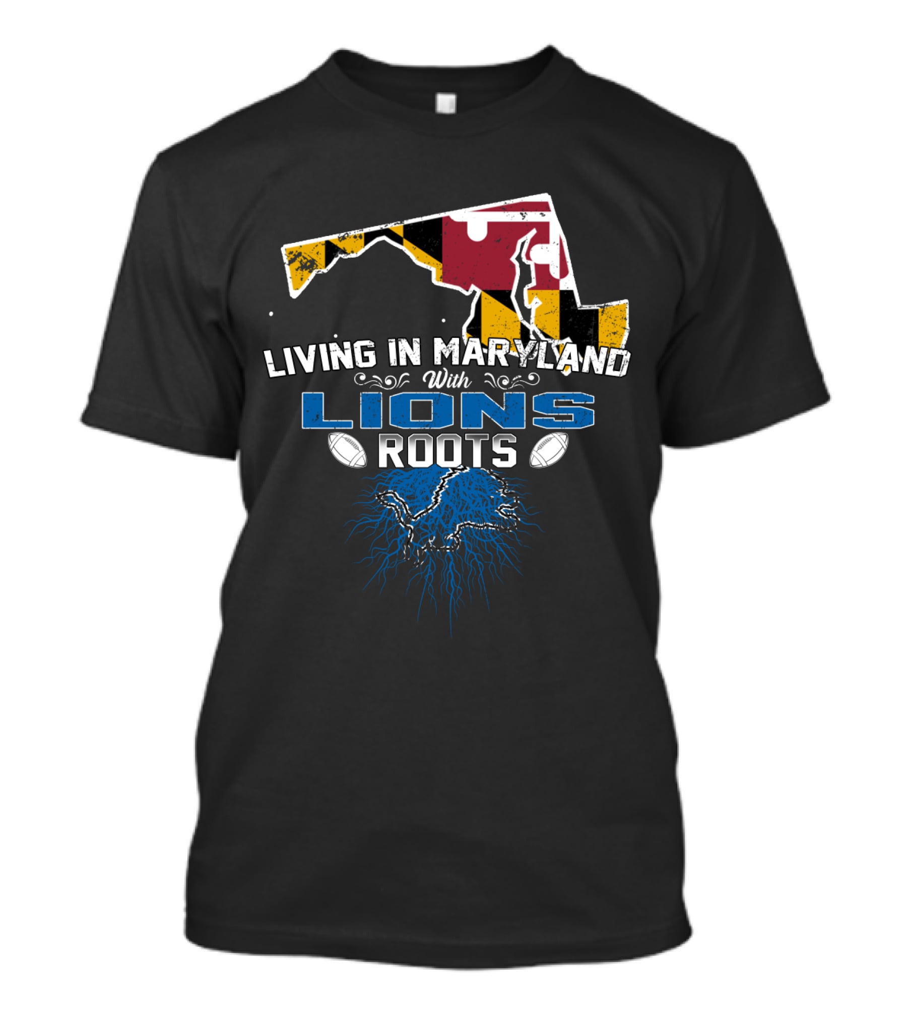 Living In Maryland With Detroit Lions Roots And Maryland Flag Outline T-Shirt