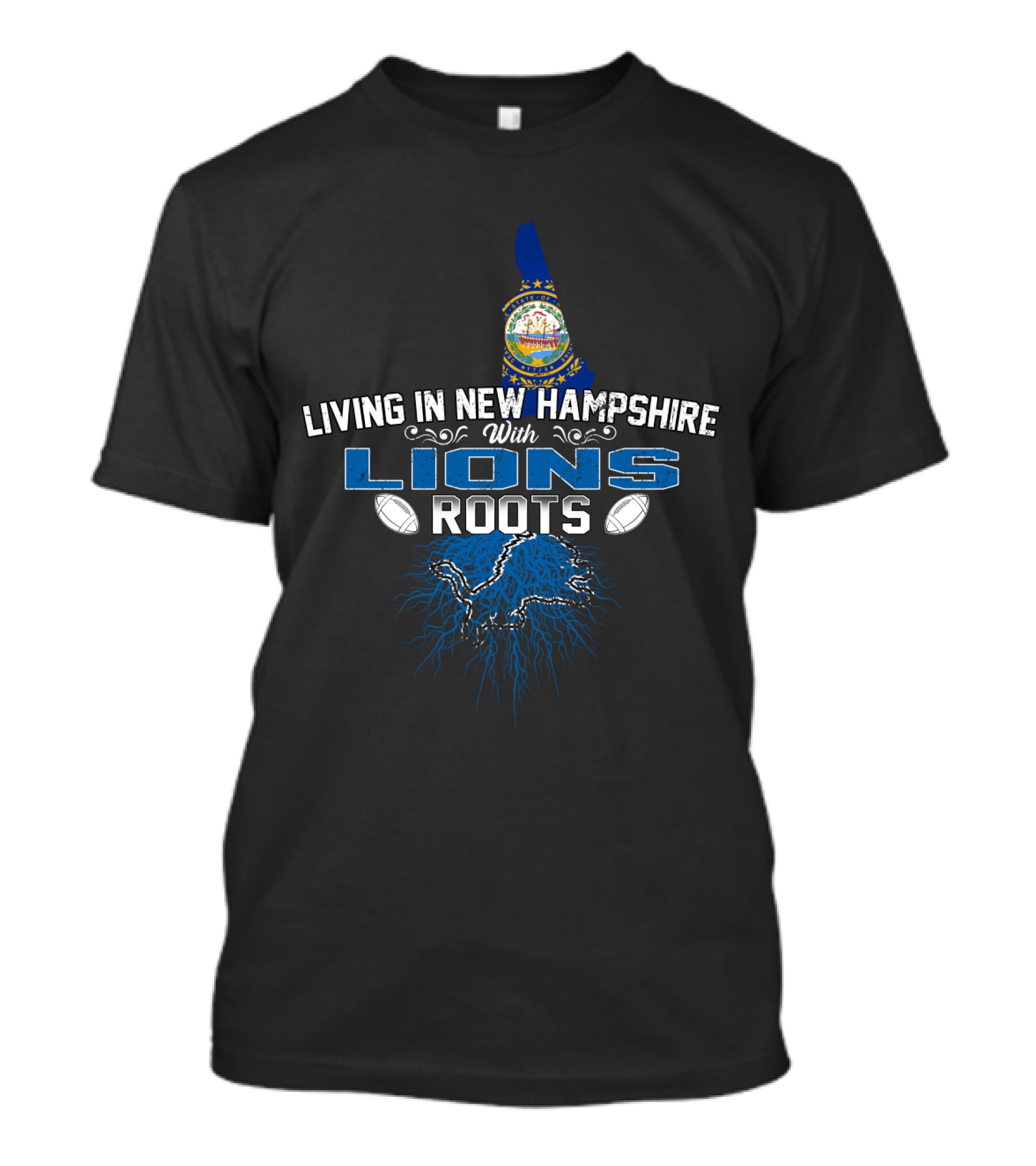 Living In New Hampshire With Lions Roots Football Emblem And State Map T-Shirt