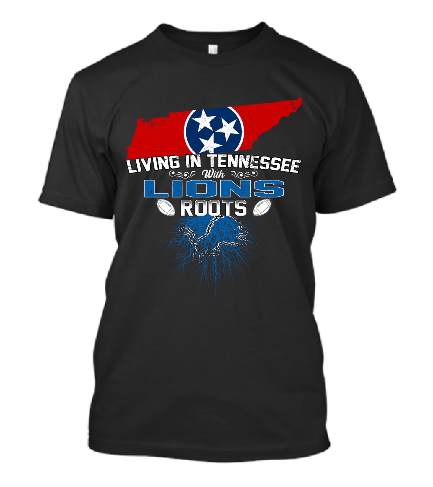 Living In Tennessee With Lions Roots Featuring Tennessee Flag And Football Elements T-Shirt