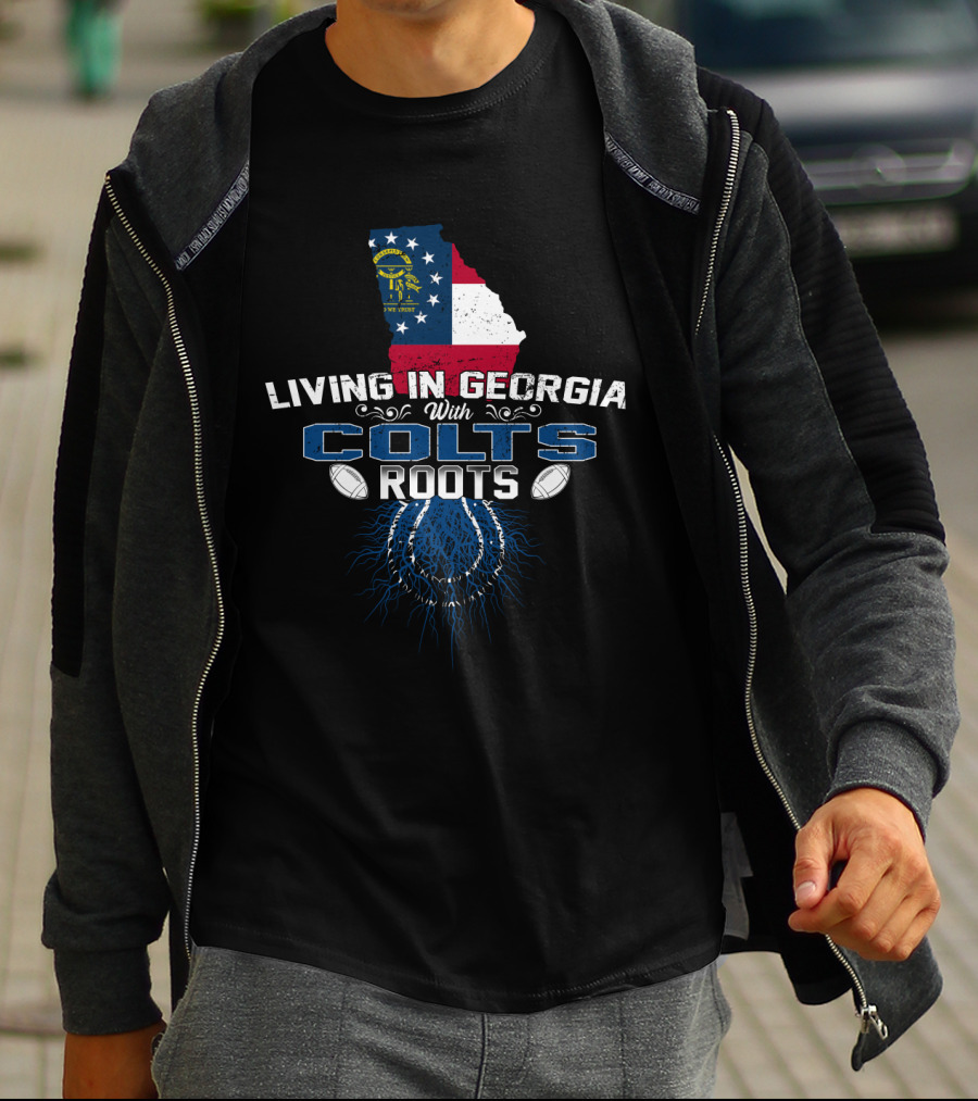 Living In Georgia With Colts Roots Georgia State Flag Background Football Elements T-Shirt