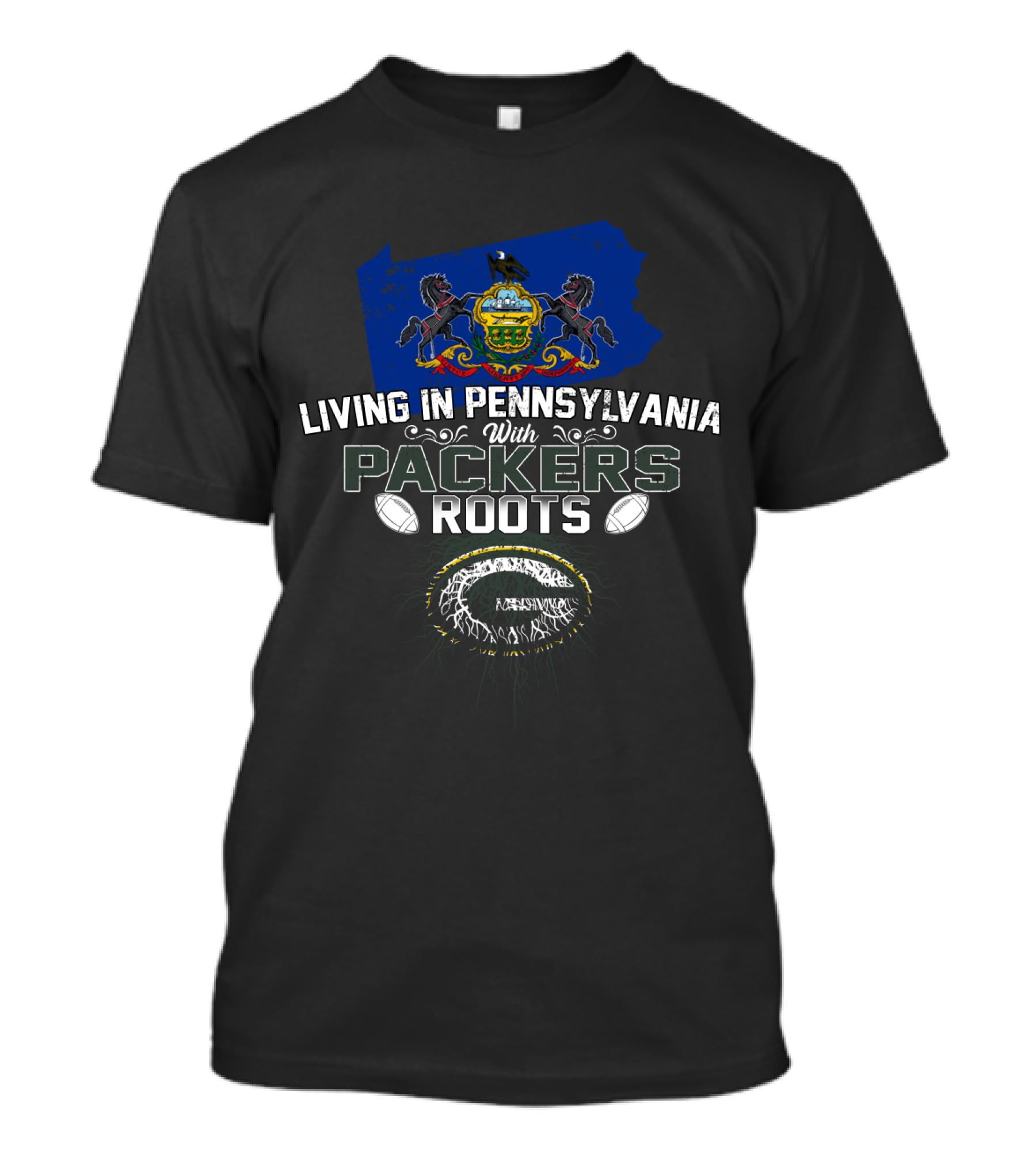 Living In Pennsylvania With Packers Roots Pennsylvania Flag Green Bay T-Shirt