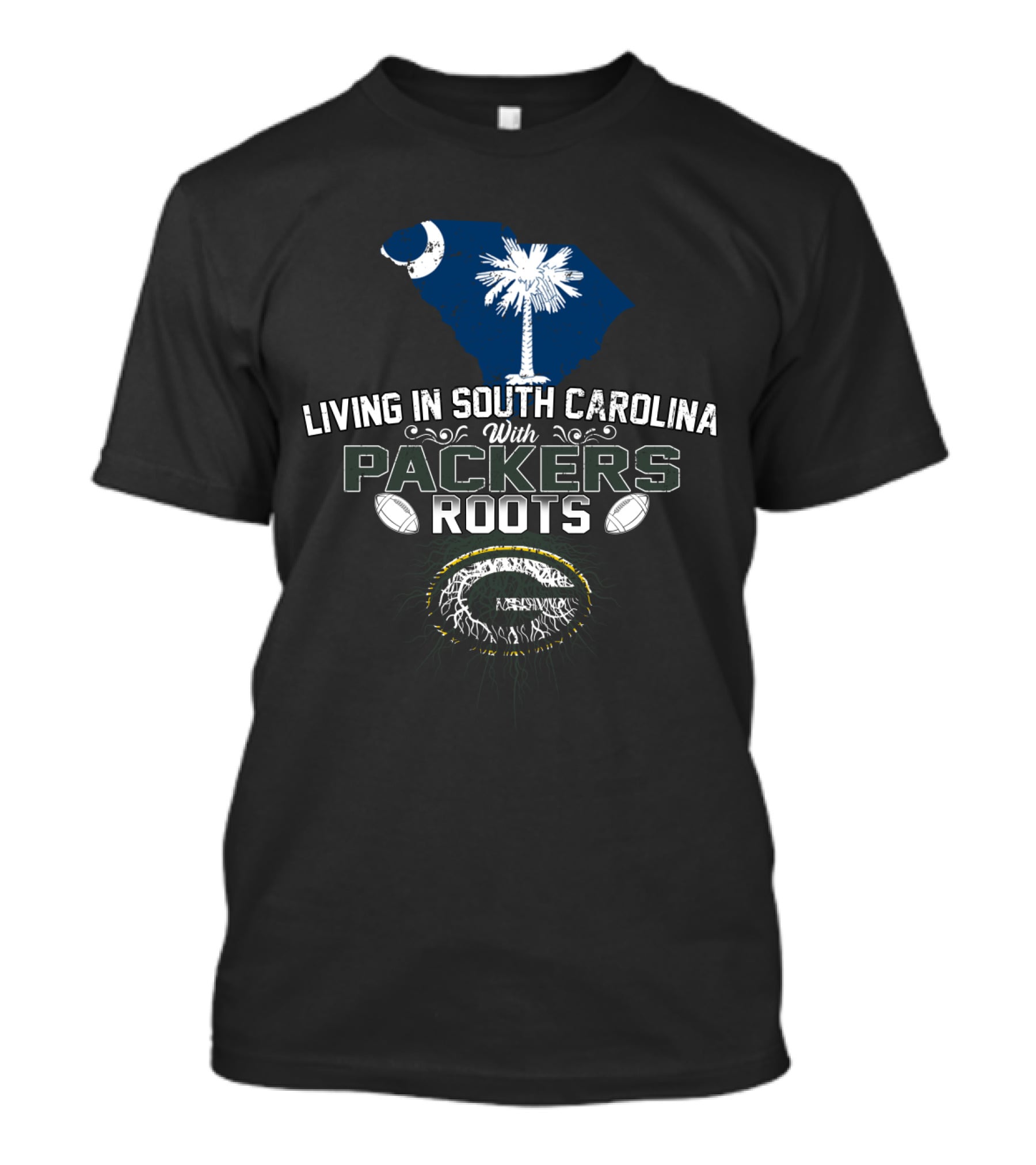 Living In South Carolina With Packers Roots South Carolina Map Palmetto Tree Crescent Moon Packers Logo Footballs T-Shirt