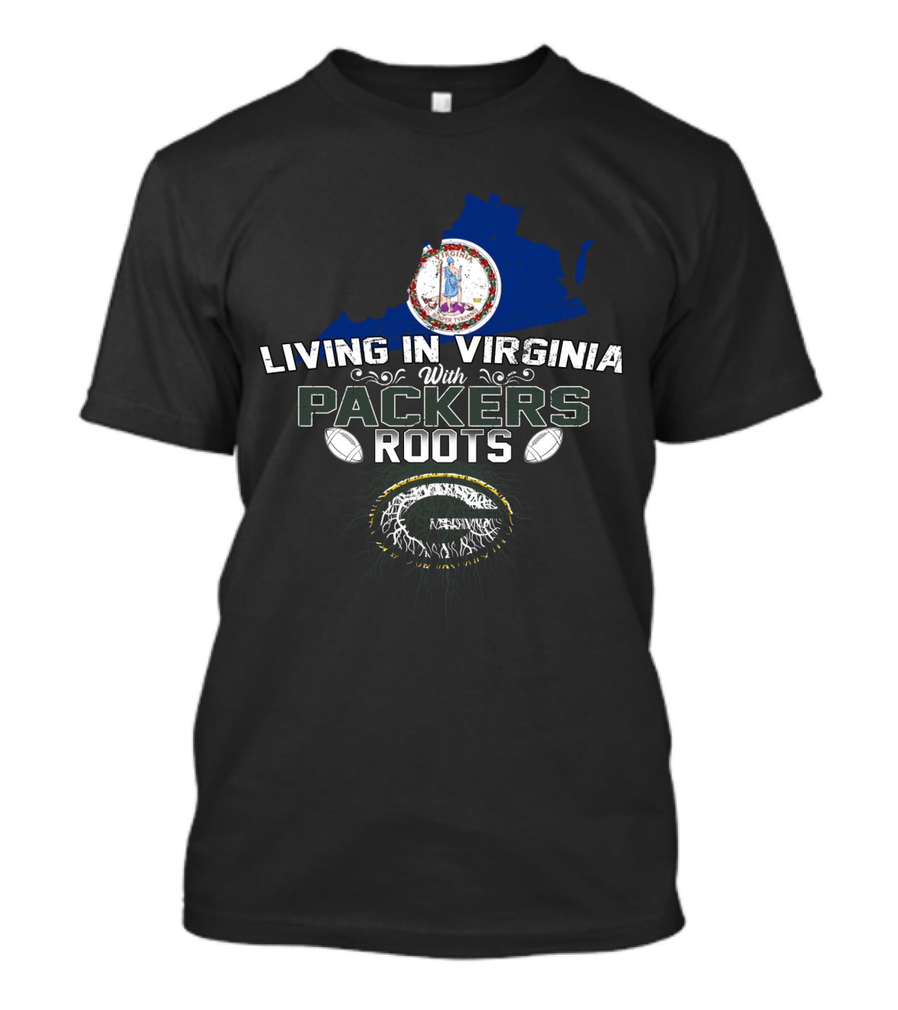 Living In Virginia With Packers Roots Virginia Map Logo Green And Gold Football T-Shirt