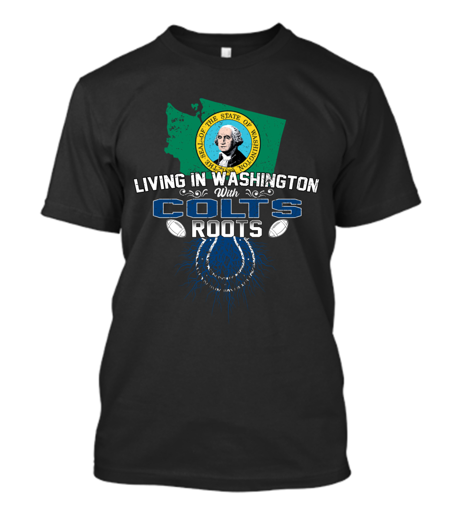 Living In Washington With Seattle Seal And Colts Roots T-Shirt