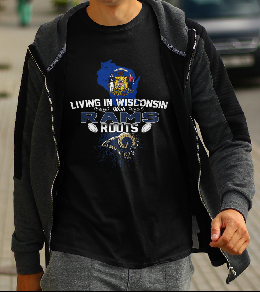 Living In Wisconsin With Rams Roots Blue Map Badge Football Elements T-Shirt