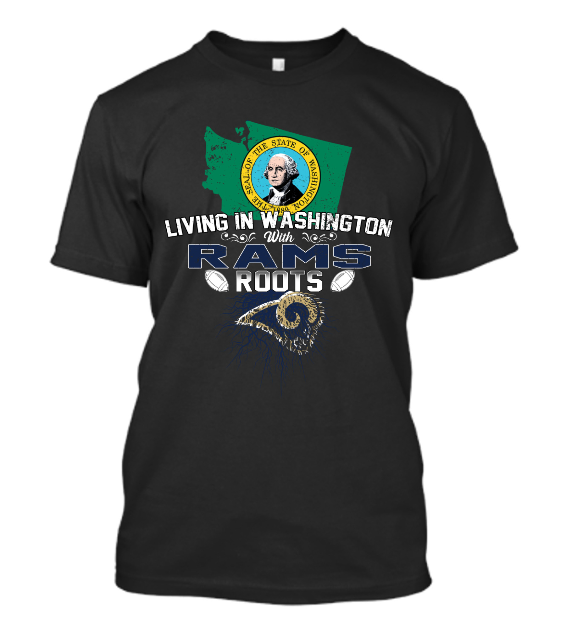 Living In Washington With Rams Roots State Seal Map Football T-Shirt