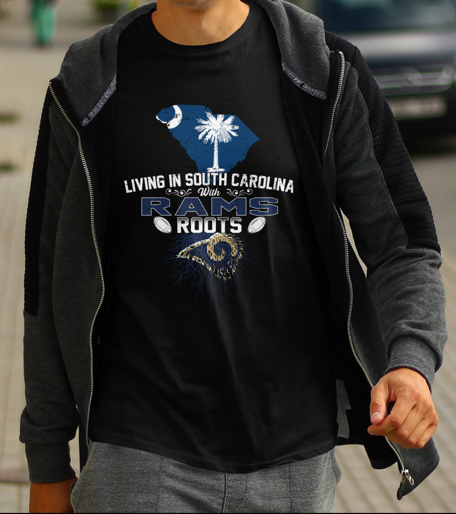 Living In South Carolina With Rams Roots Palmetto Crescent Moon Axial T-Shirt