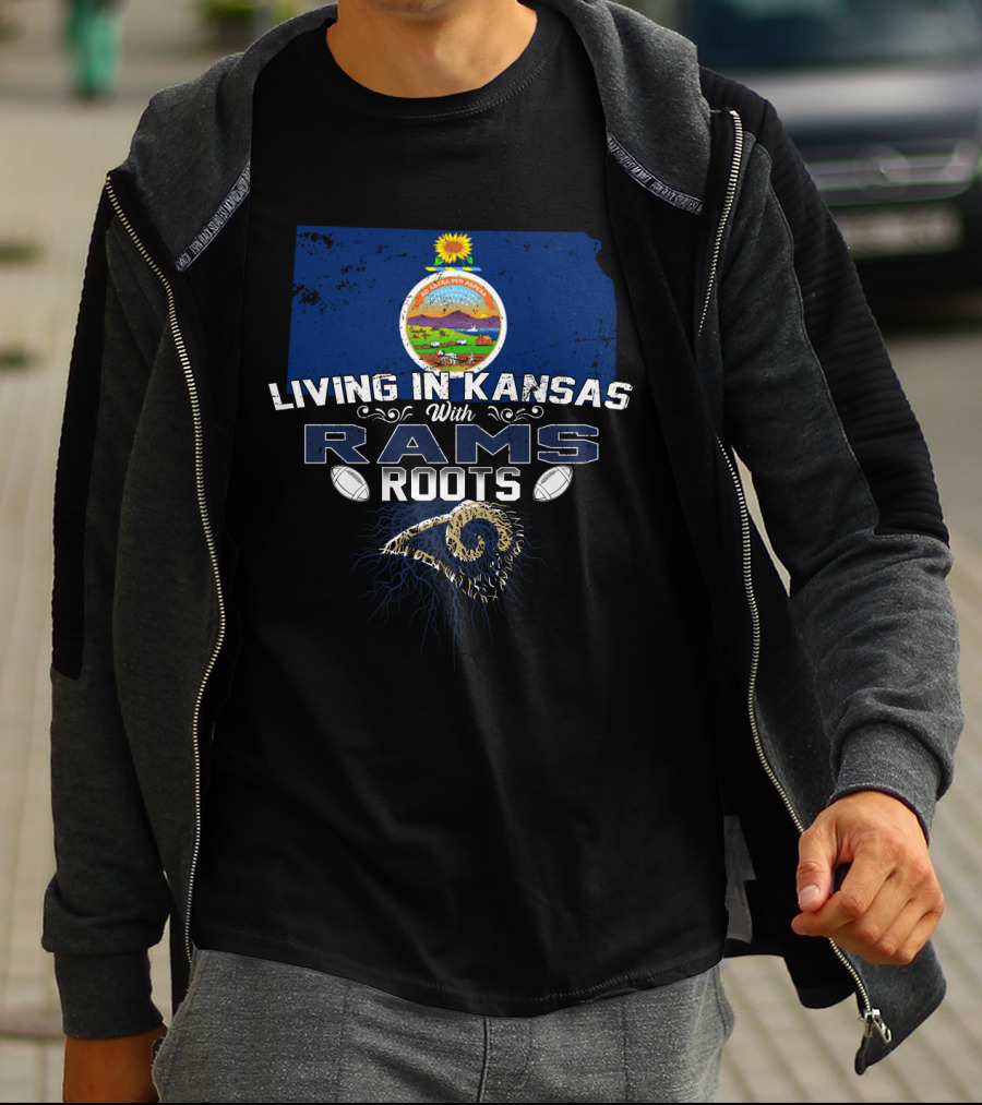 Living In Kansas With Rams Roots Kansas Seal Football Helmet T-Shirt
