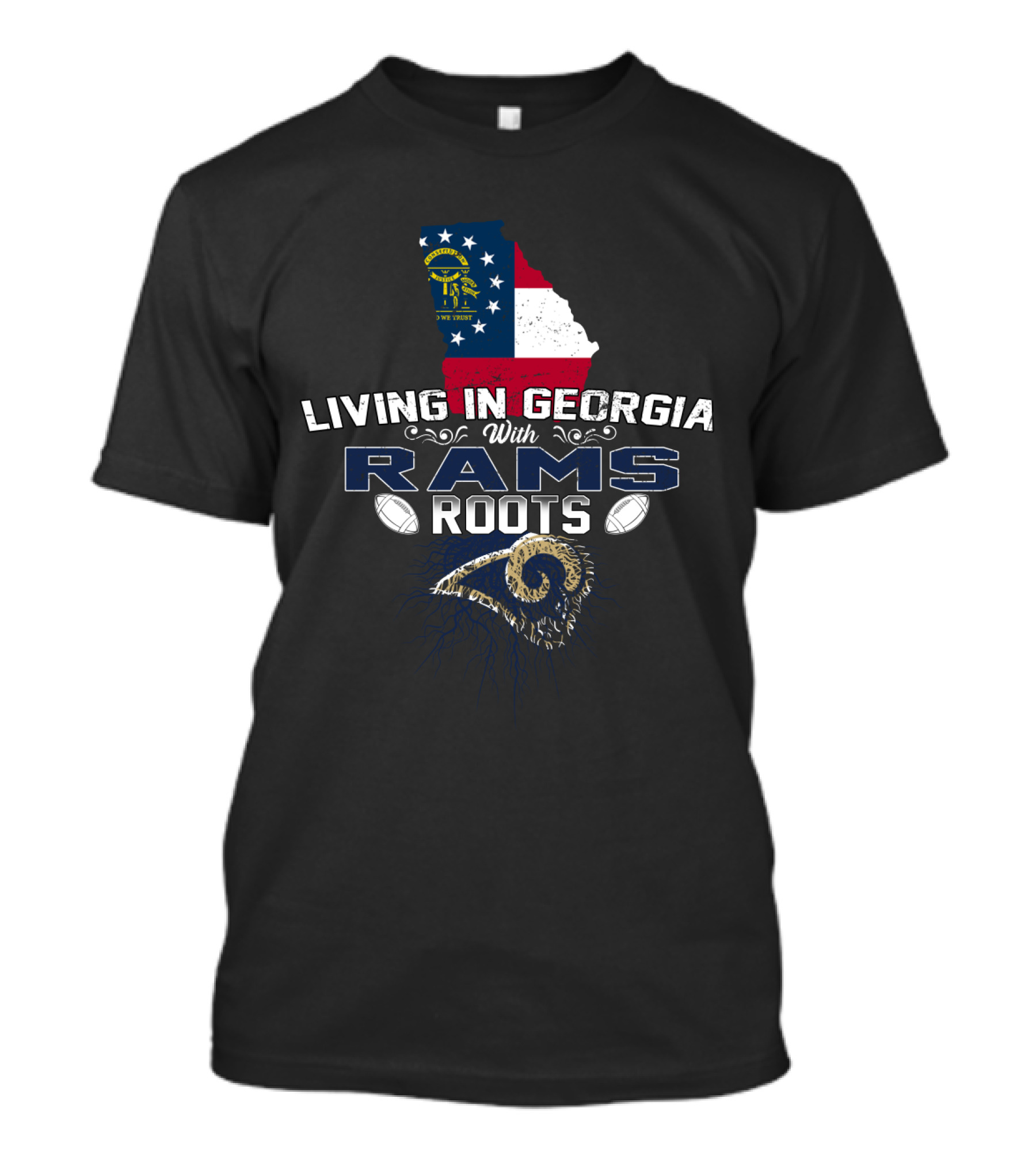 Living In Georgia With Rams Roots Flag Map Football Fan Connection T-Shirt