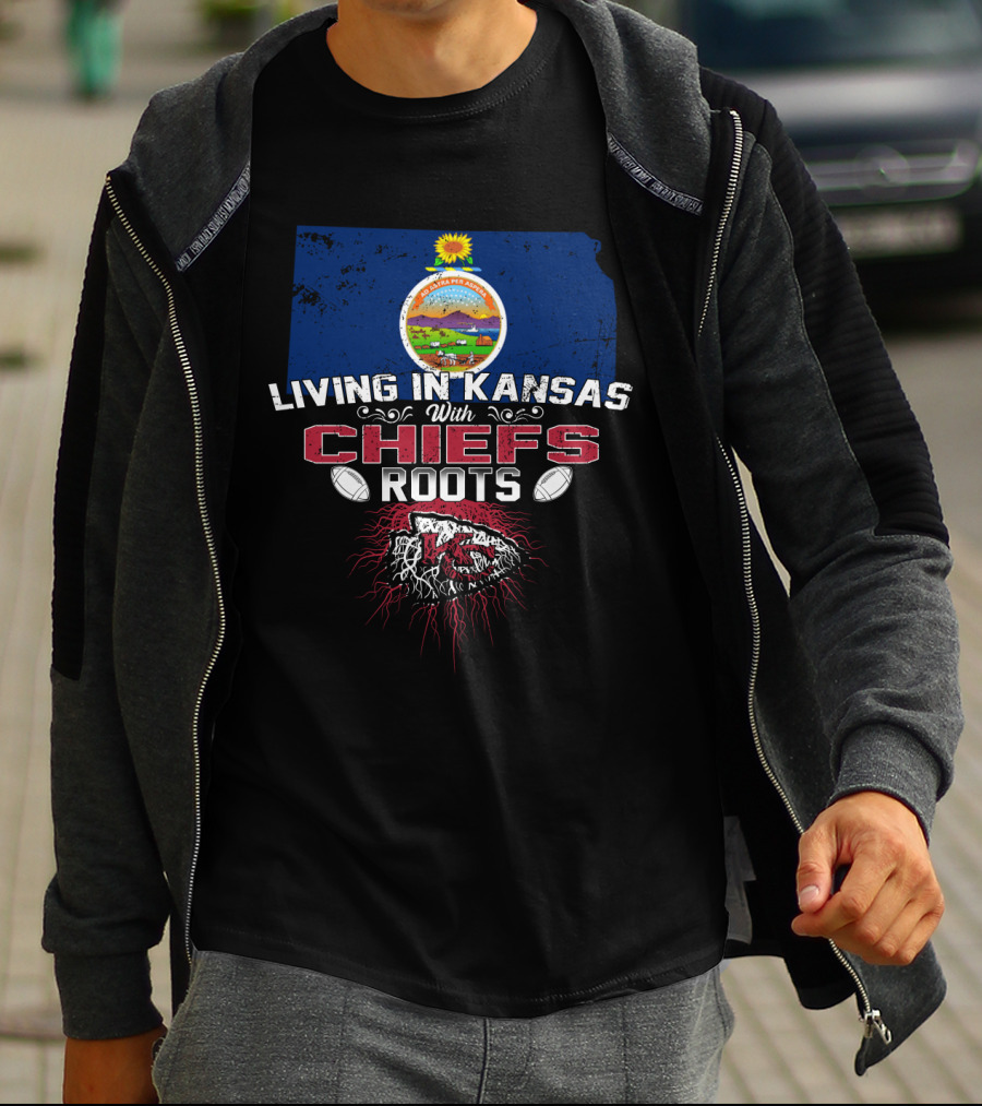 Living In Kansas With Chiefs Roots Kansas State Map Football Heritage T-Shirt