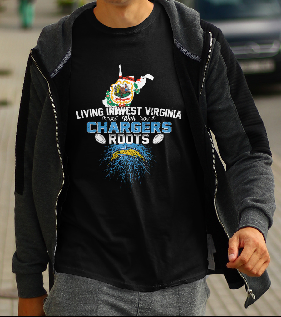 Living In West Virginia With Chargers Roots Map Design And Football Elements T-Shirt