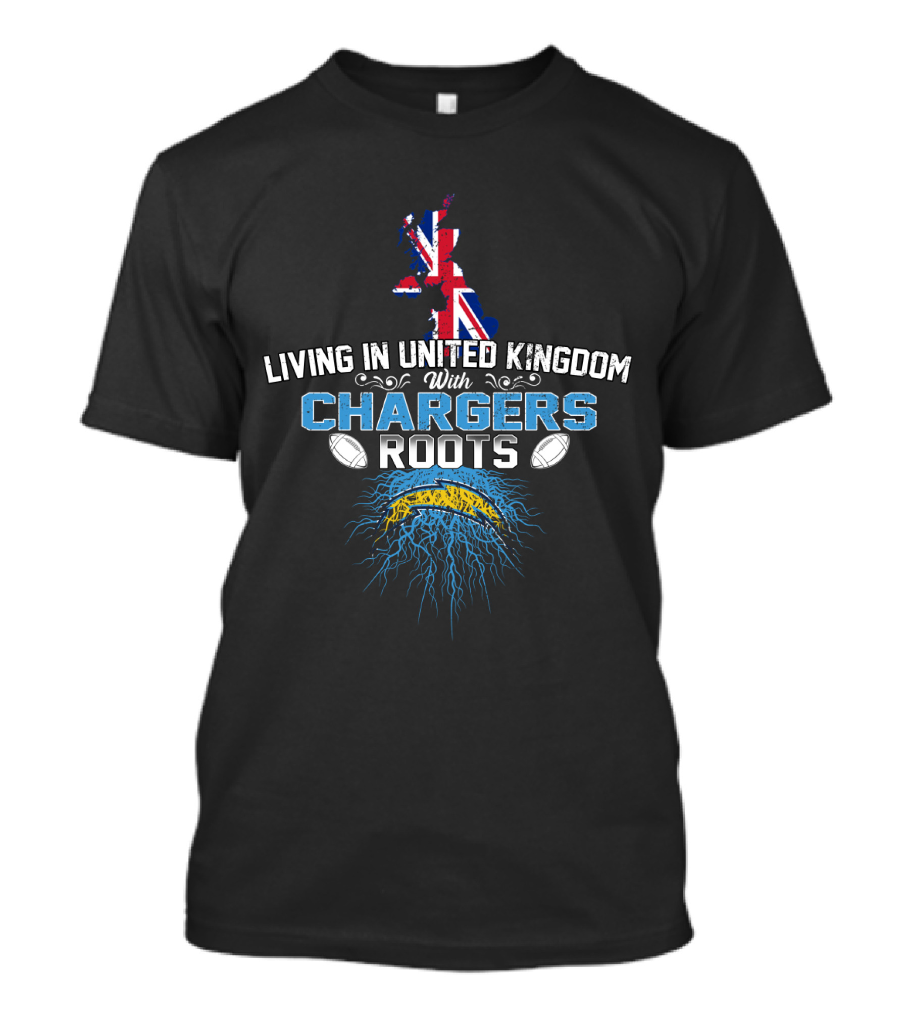 Living In United Kingdom Proud Chargers Roots Union Jack Rugby Football Connection T-Shirt