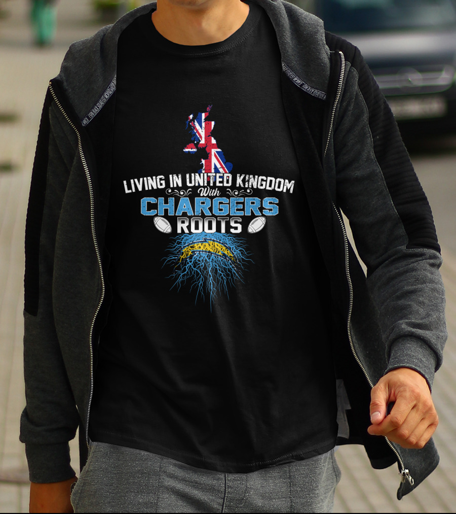 Living In United Kingdom Proud Chargers Roots Union Jack Rugby Football Connection T-Shirt