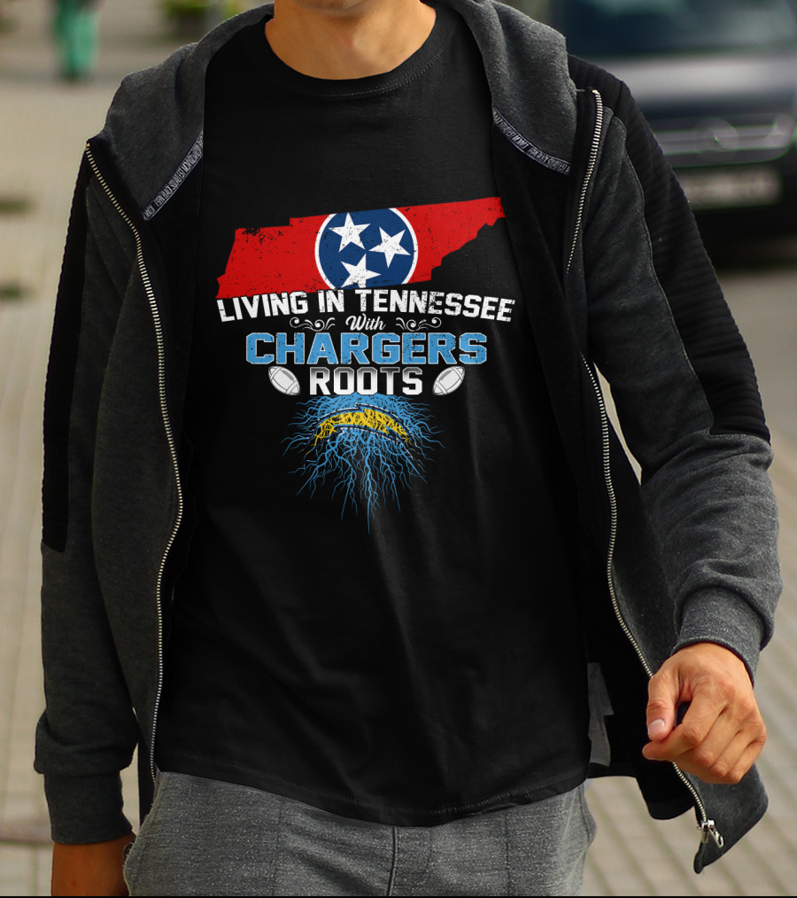 Living In Tennessee With Chargers Roots Tennessee Flag Football Theme Electric Bolt T-Shirt