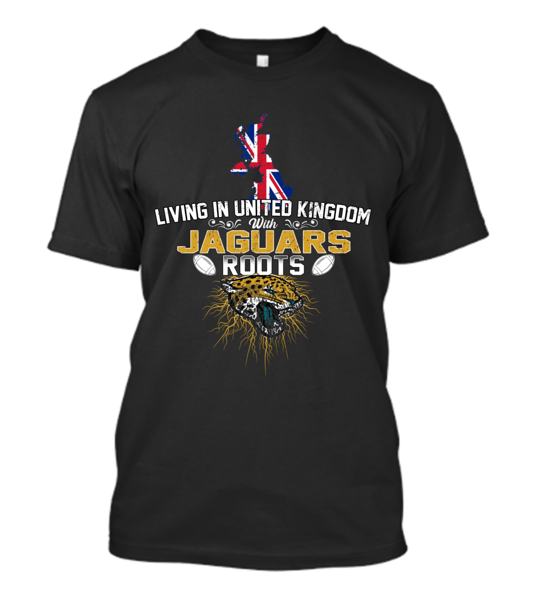 Living In United Kingdom With Jaguars Roots Map Flag Football Jaguar T-Shirt