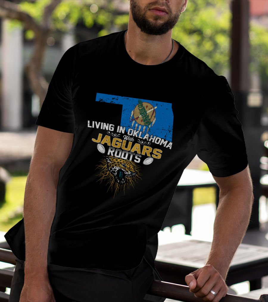 Living In Oklahoma With Jaguars Roots Map And Fierce Jaguar Emblem T-Shirt