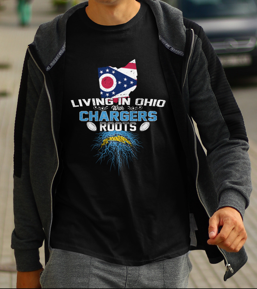 Living In Ohio With Chargers Roots And Ohio Flag Charger Bolt T-Shirt