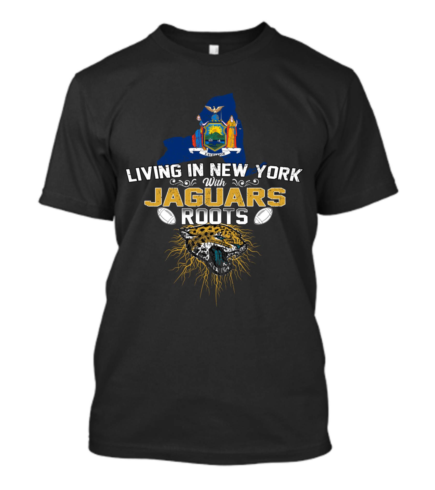 Living In New York With Jaguars Roots New York State Outline Jaguar Head Football Elements T-Shirt