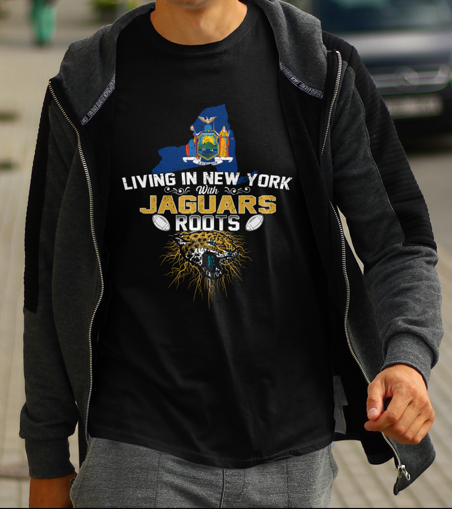 Living In New York With Jaguars Roots New York State Outline Jaguar Head Football Elements T-Shirt