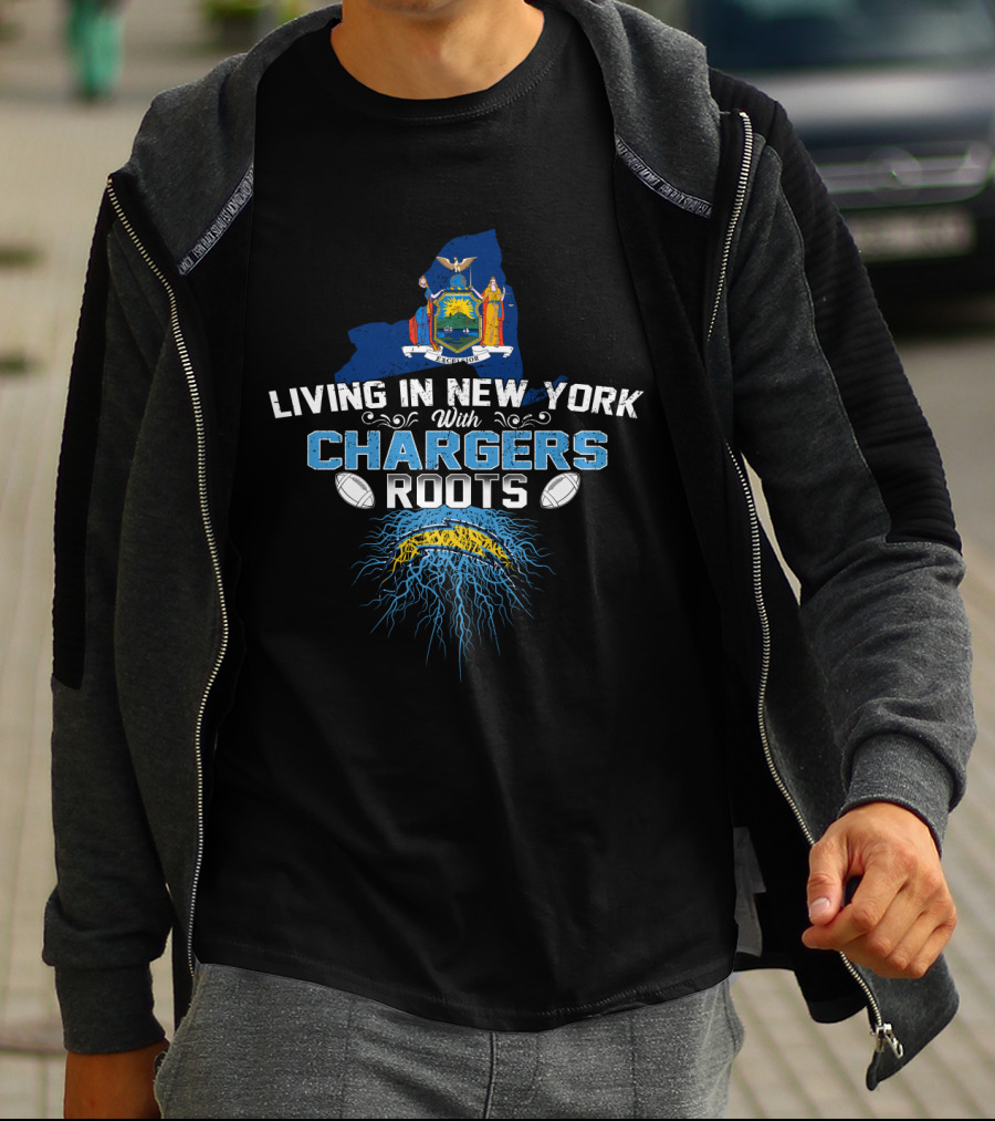 Living In New York With Chargers Roots New York State Coat Of Arms American Football T-Shirt