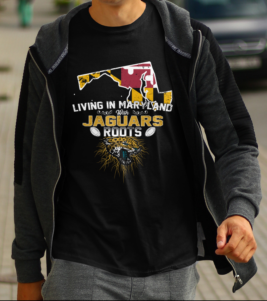Living In Maryland With Jaguars Roots Maryland Flag And Jaguar Head T-Shirt