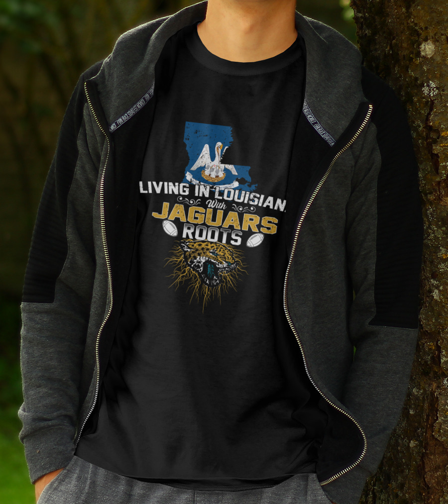Living In Louisiana With Jaguars Roots Pelican Map Graphic Football Influence T-Shirt