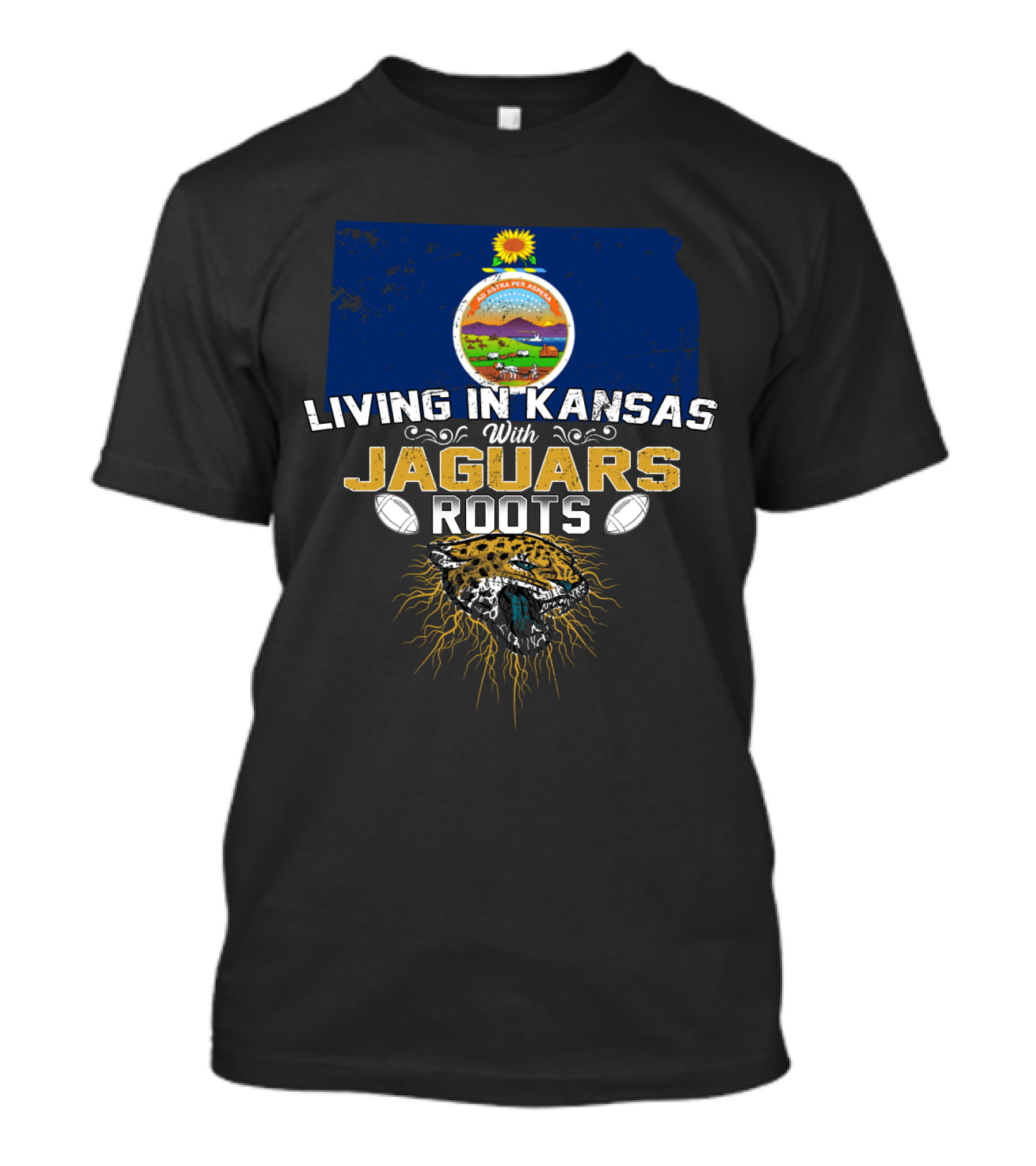 Living In Kansas With Jaguars Roots Featuring Kansas State Seal And Jaguar Head With Footballs T-Shirt