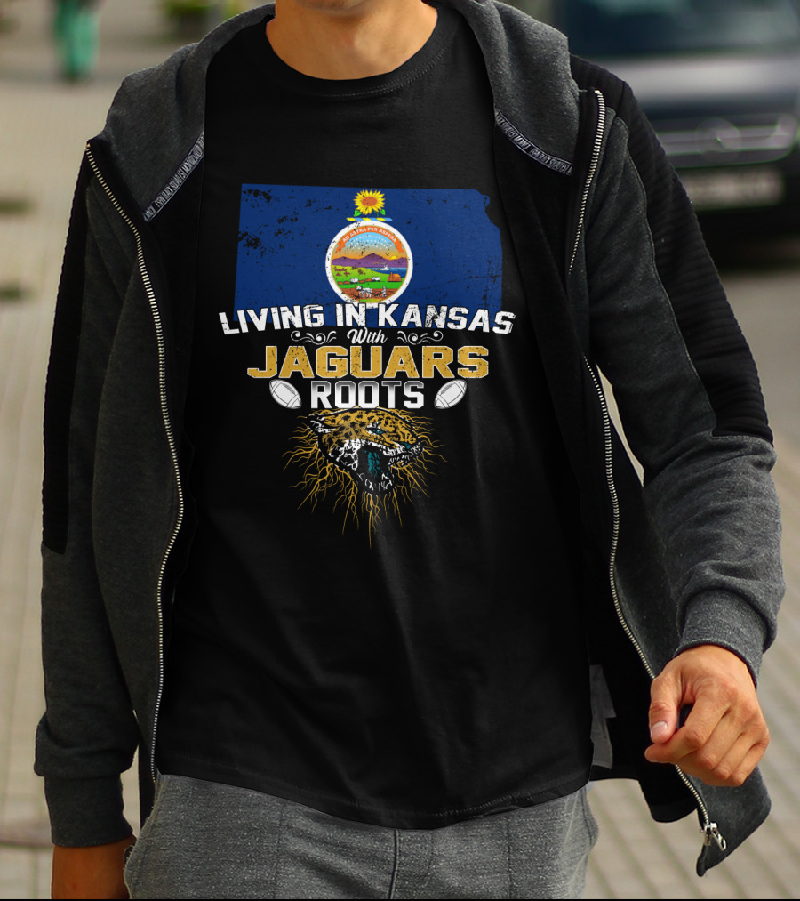 Living In Kansas With Jaguars Roots Featuring Kansas State Seal And Jaguar Head With Footballs T-Shirt