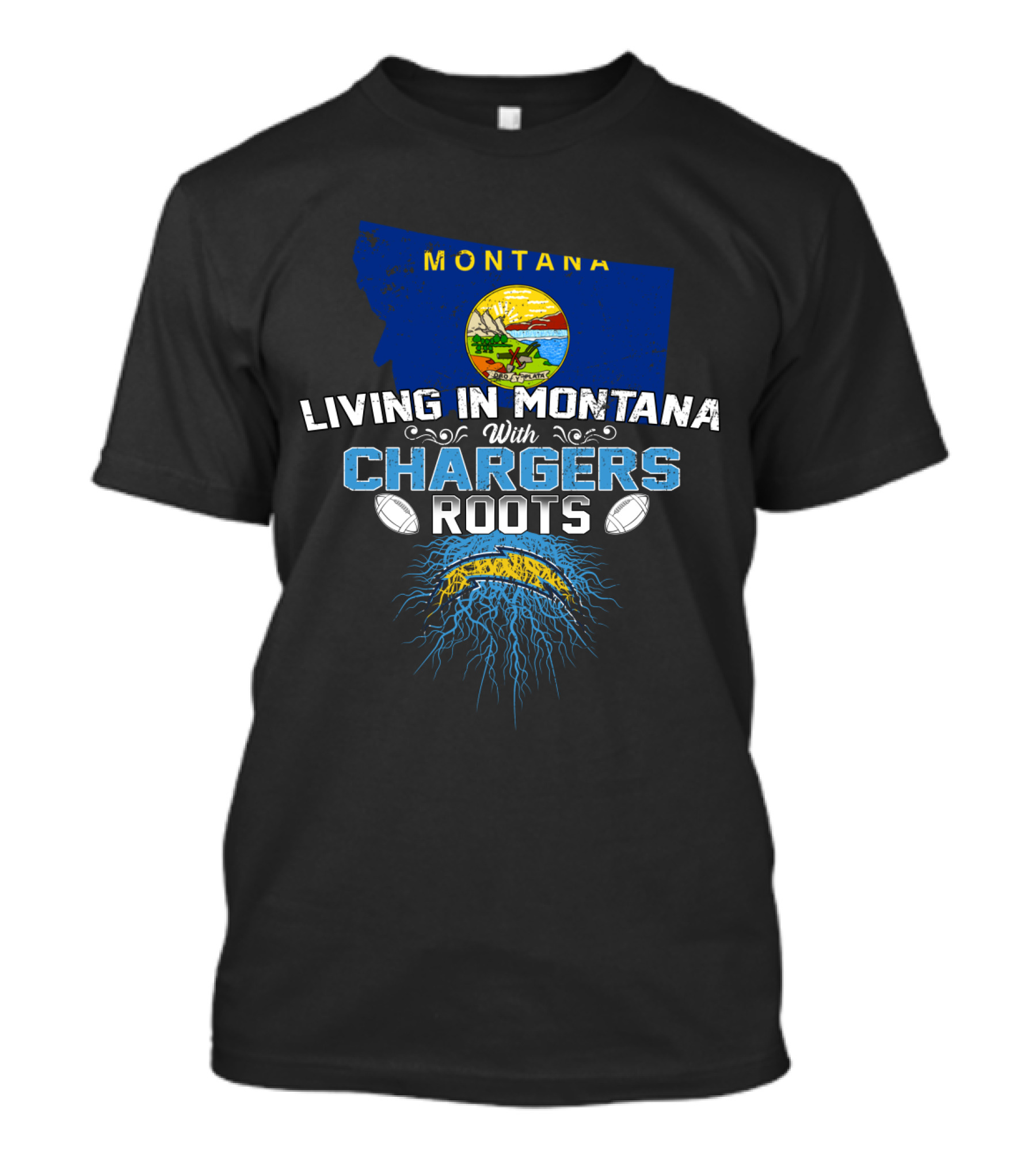 Living In Montana With Chargers Roots Montana State Map And Football Elements T-Shirt