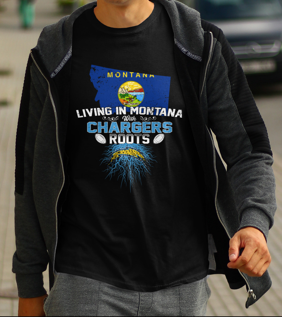 Living In Montana With Chargers Roots Montana State Map And Football Elements T-Shirt
