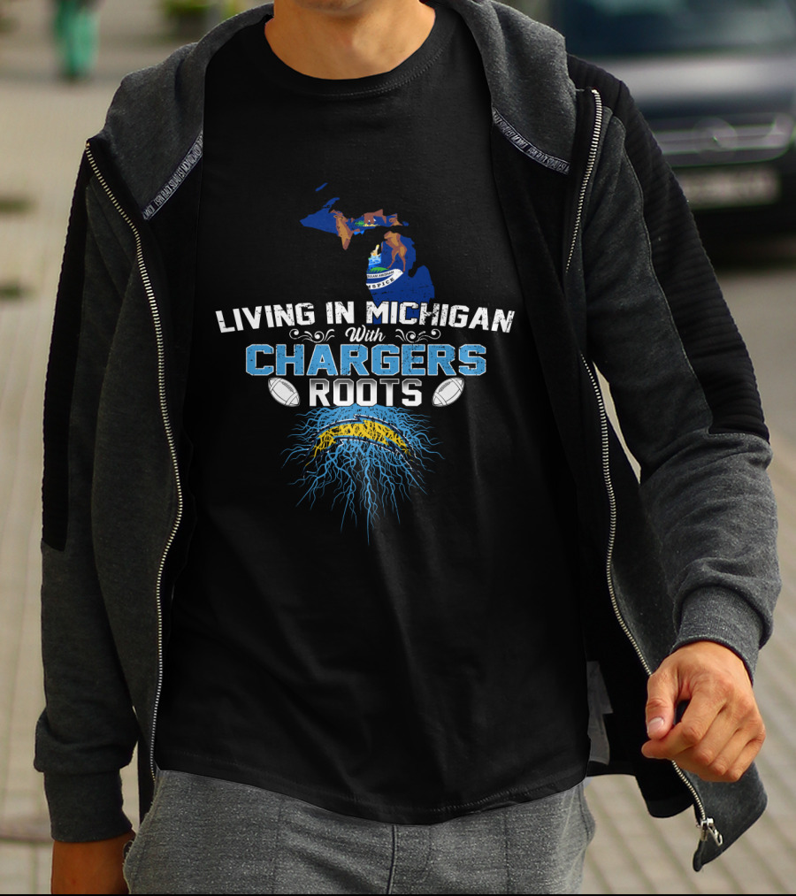 Living In Michigan Proudly Showing Chargers Heritage With Iconic Football T-Shirt